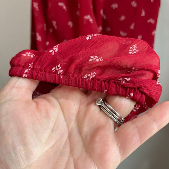 Old Navy Tie Front Red Floral Chiffon Long Sleeve Boho Blouse Sz L - Picture 8 of 9